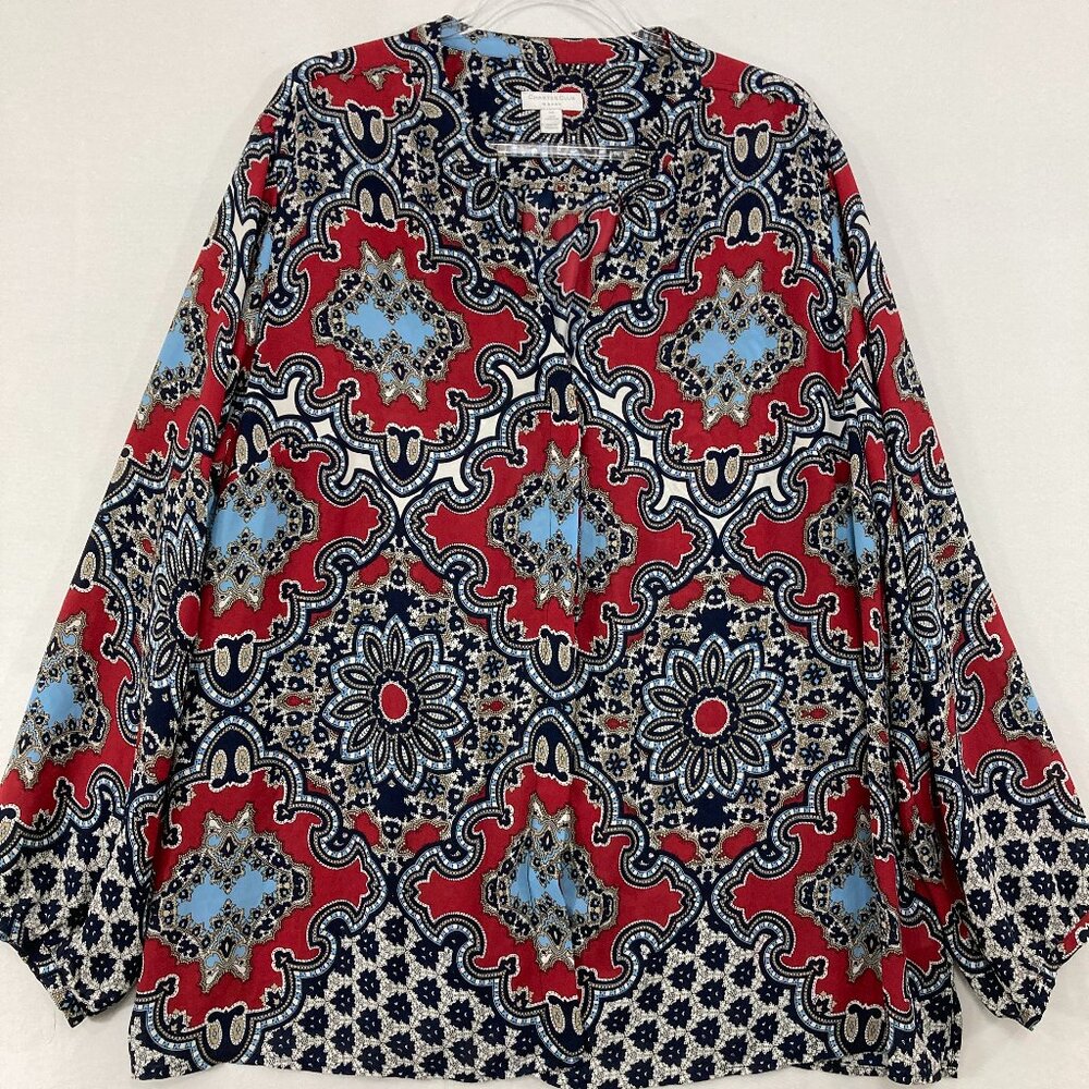 Charter Club Top‎ size 3X Multi Color Abstract Boho V Neck Button Down Office